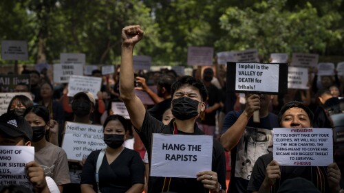 Kuki tribal protesters shout slogans during a demonstration against deadly ethnic clashes in the country's northeastern state of Manipur, in New Delhi, India, Saturday, July, 22, 2023. Protests are being held across the country after a video showed a mob assaulting two women who were paraded naked.  Thousands of people, mostly women, held a massive sit-in protest in India's violence-wracked northeastern state of Manipur state demanding immediate arrest of those involved in the harrowing assault.  (AP Photo/Altaf Qadri)