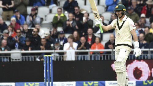 Australia's Marnus Labuschagne celebrates after scoring a century during the fourth day of the fourth Ashes Test match between England and Australia at Old Trafford, Manchester, England, Saturday, July 22, 2023. (AP Photo/Rui Vieira)