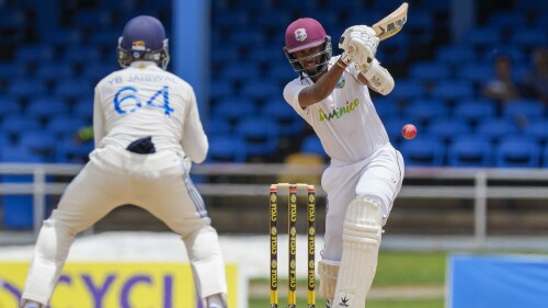 West Indies' captain Kraigg Brathwaite plays a shot against India on day three of their second cricket Test match at Queen's Park in Port of Spain, Trinidad and Tobago, Saturday, July 22, 2023. (AP Photo/Ricardo Mazalan)