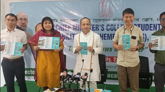 Manipur education minister Th Basantakumar Singh, other officials at the launch event in Imphal on Friday (HT Photo)