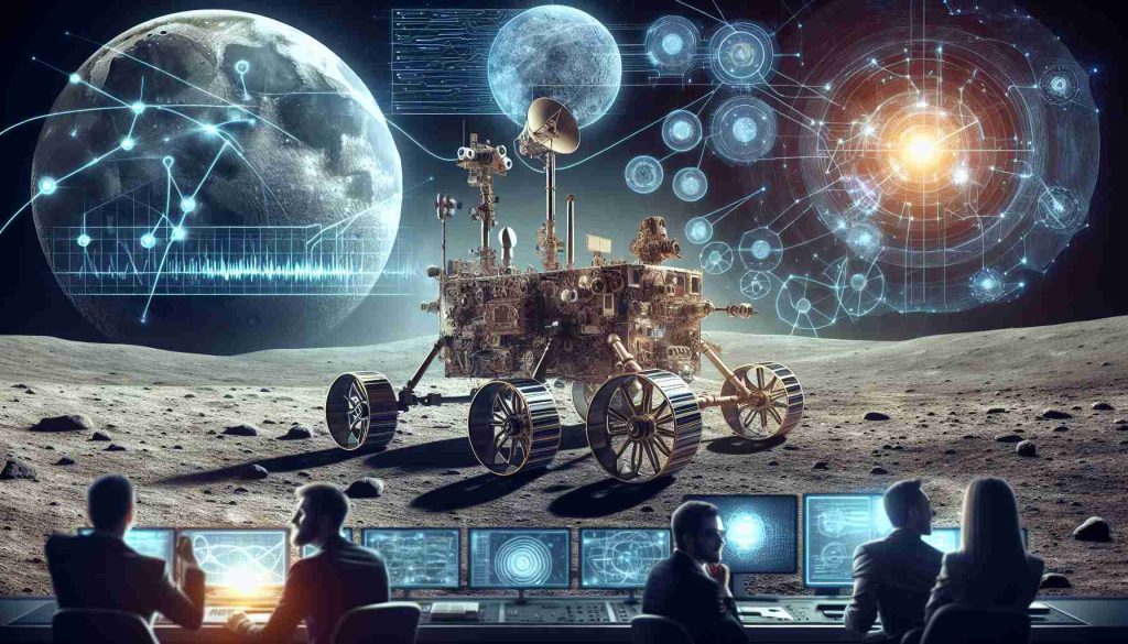 Create a realistic high-resolution image that represents the growing anticipation of a potential revival of a lunar rover belonging to a country in South Asia.  The image may include elements such as detailed machinery of the lunar rover, the surface of the moon, communication signals suggesting resuscitation, and excited people in a space control center.